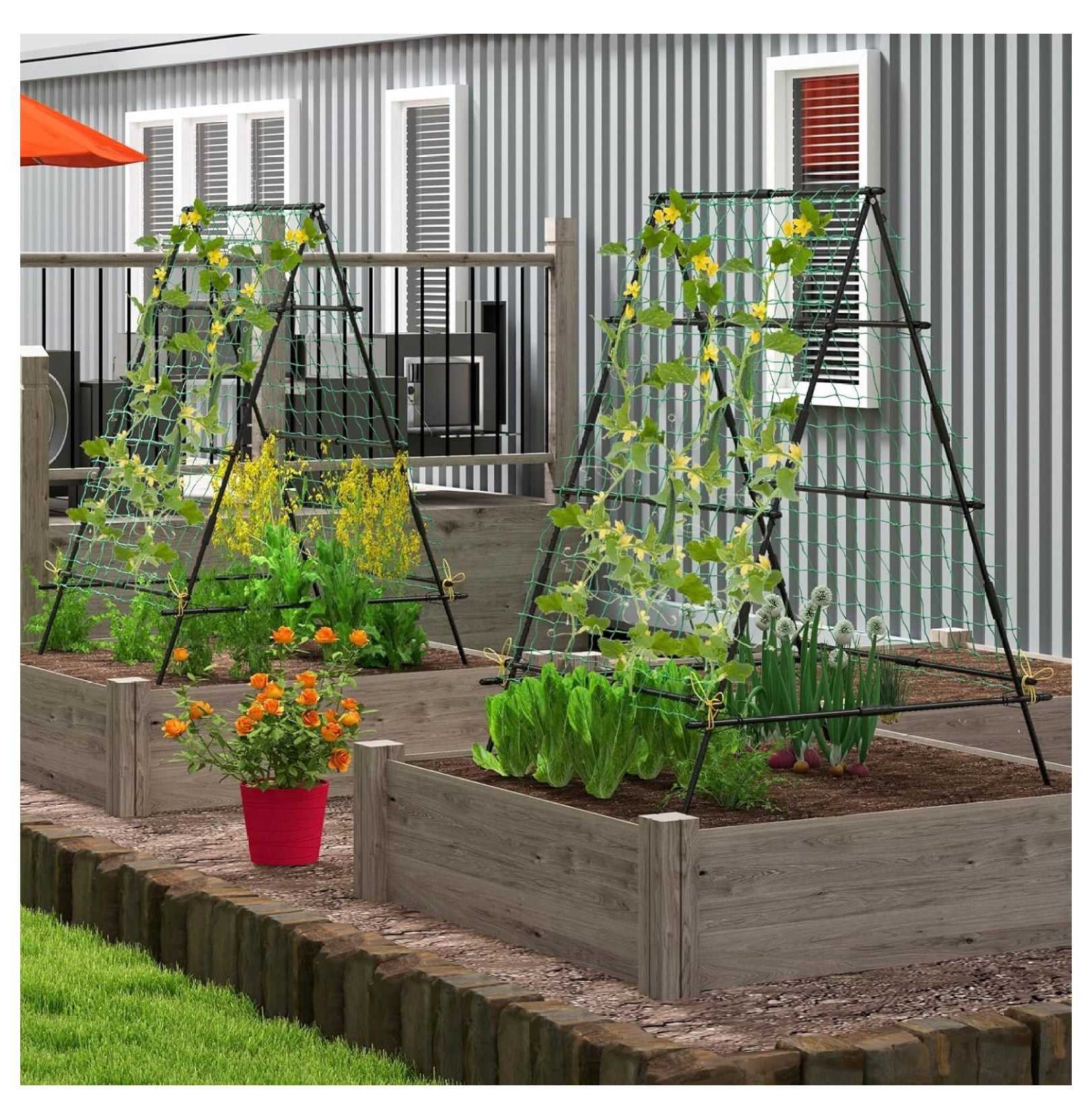 Garden Trellis for Climbing Plants Outdoor, A-Frame Plant Trellis with Netting, Heavy Duty Metal Poles, Plant Clips for Vines, Vegetables, Flowers