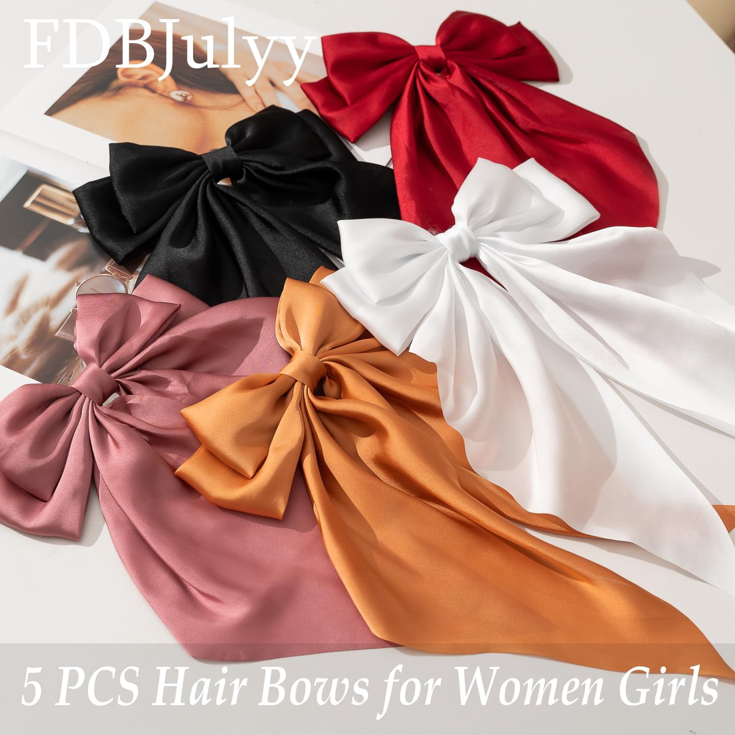 Black Satin Hair Bows and Clips Set for Women & Girls - 5 PCS Bow-knot Hair Clip, Big Bows Claw Clips, Non-Slip Clip for Thick and Thin Hair