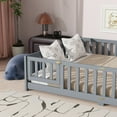 thumbnail image 5 of Queen Size Platform Floor Bed with Fence and Bed Slats, Door, Rubber Wood Floor Bed with Safety Guardrails, Gray, 5 of 10