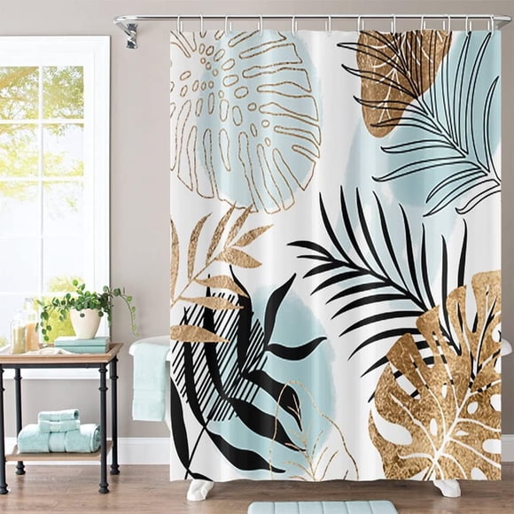 Light Blue Black Golden Mid-Century Shower Curtain - Boho Geometric Leaves Aesthetic, Modern Art Fabric, Waterproof Home Bathroom Decor, Includes 12 Plastic Hooks, 72Wx72H, Adds a Stylish Touch