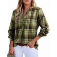 thumbnail image 3 of Women'S V Neck Plaid Shirts Dressy Casual Button-Down Business Work Boho Tops Long Sleeve Fall Outfits Grass Green L, 3 of 9