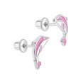 thumbnail image 2 of 925 Sterling Silver Pink Enamel Leaping Dolphins Screw Back Earrings for Girls, 2 of 6