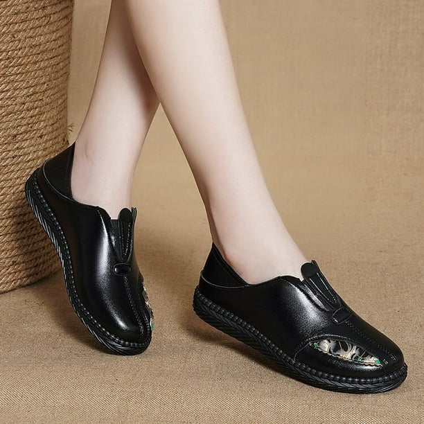 ¡Novedad de 2021! Zapatos de abuela bordados de piel de vaca, zapatos planos cómodos y elegantes a la moda para mujer, zapatos planos antideslizantes de gran tamaño, zapatos holgados para mamá 42 Gao Jinjia LED