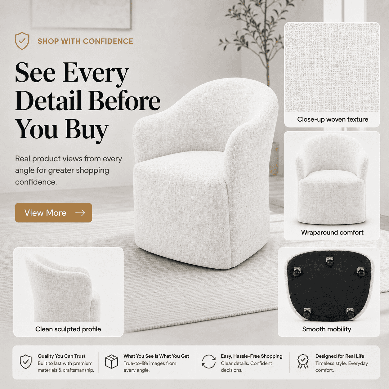 Aenkyo Dining Chair with Casters, Upholstered Barrel Back Rolling Accent Chair, White
