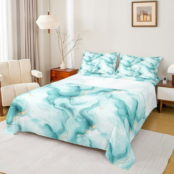 Homewish Aqua Purple Marbling Twin Sheet Sets for Women, Chic Abstract Ombre Twin Fitted Sheet, Fashion Artwork Style Flat Sheet, Lightweight Room Decor, 3pcs