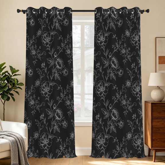 Tchckioa Black Flowers Blackout Curtains for Living Room,Thermal Insulated Grommet Window Drapes,42x63 inch,2 Panels