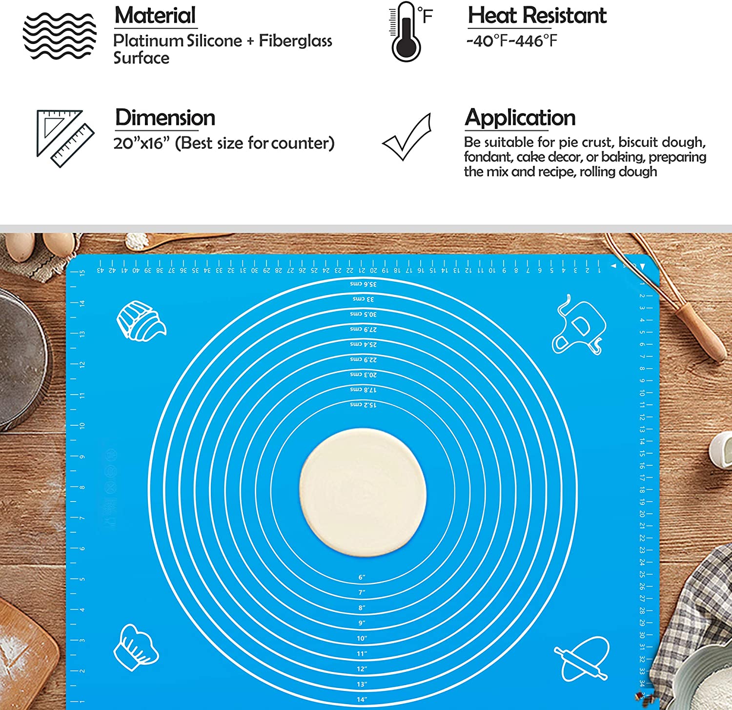 Silicone Baking Mats with Measurements,16”x20”Large Silicone Pastry Mats  for Counter BPA Free Food Grade Silicone Rolling Dough Mat Non-stick  Non-slip FDA Approved 