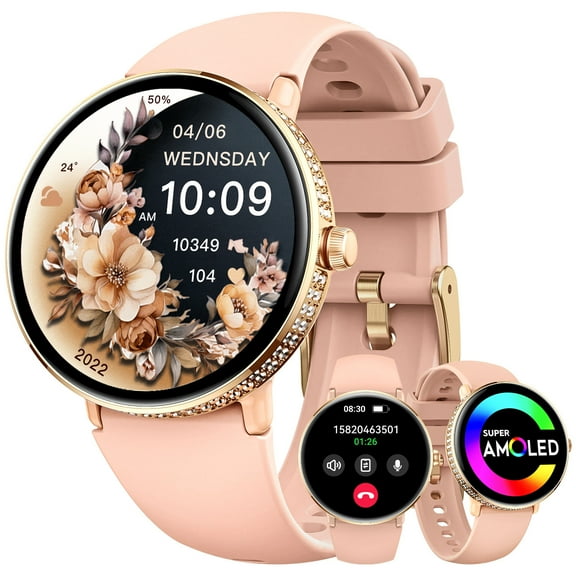 Cyberdyer S76 Smart Watches for Women with Diamonds (Make/Answer Call), 1.19" AMOLED Screen Smart Watch, 100  Sport Modes Waterproof Smartwatch with Various Dials Compatible with iOS Android, 1pc