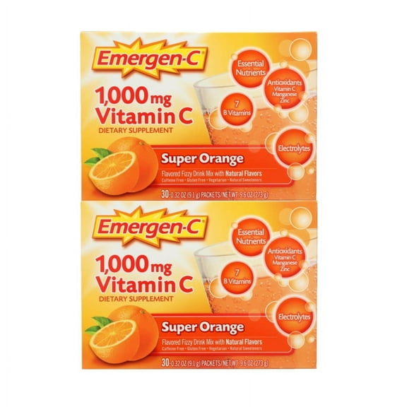 2 Pack - Emergen-C 1000Mg Vitamin C Powder for Immune Support Super Orange, 30 Count, 0.32 Oz Packets