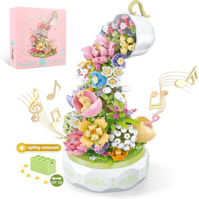 HLONK Flowers Botanical Collection Music Rotating Box Building Block with Light (575 PCS) Compatible with - Perfect Gift for Her or Him