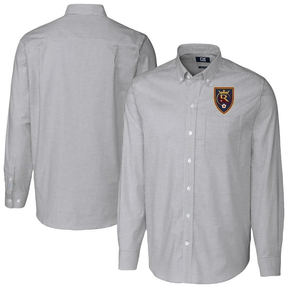Men's-Cutter & Buck Charcoal Real Salt Lake Stretch Oxford Stripe Tri-Blend Long Sleeve Button-Down Shirt
