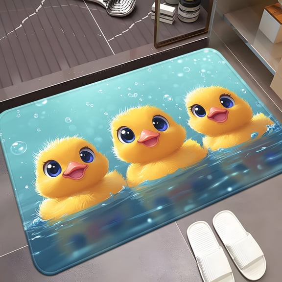 Yellow Duck Themed Microfiber Bathroom Door Mat, Non-Slip Backing, Super Absorbent Bath Rug, Soft Comfortable Floor Mat, Machine Washable, Ideal for Bathroom, Bedroom, Living Room, Home Decor