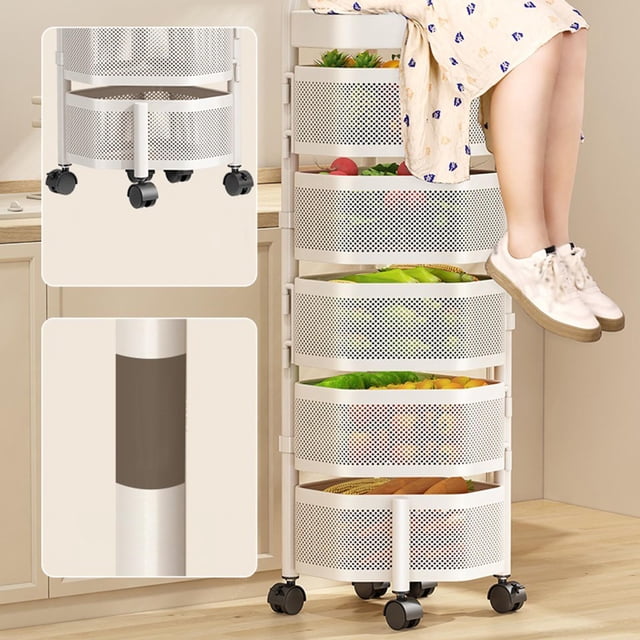 Estante de almacenamiento giratorio, carrito de almacenamiento de cocina, 5 niveles, ahorro de espacio, extraíble, cesta organizadora, cesta de frutas