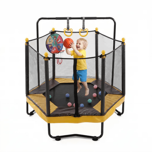 54 Inch Kids Trampoline with Enclosure, Indoor & Outdoor Toddler Trampoline with Adjustable Gymnastics Bar, Rings, Basketball Hoop, Boxing Bag and Ocean Balls, Brown/Yellow