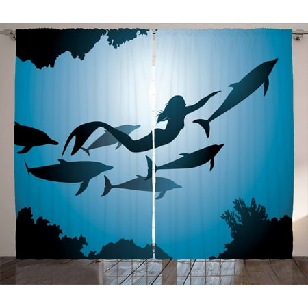 Mermaid Decor Curtains 2 Panels Set The Mermaid And Dolphins Underwater View Friendship Travel Diving Fin Sea Living Room Bedroom Accessories By