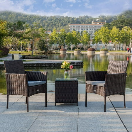 Resin Wicker Chair Set Zimtown 3-Pieces Set Resin Rattan Wicker Chairs with Cushions and Table, Outdoor Garden Patio or Indoor Furniture, Brown ()