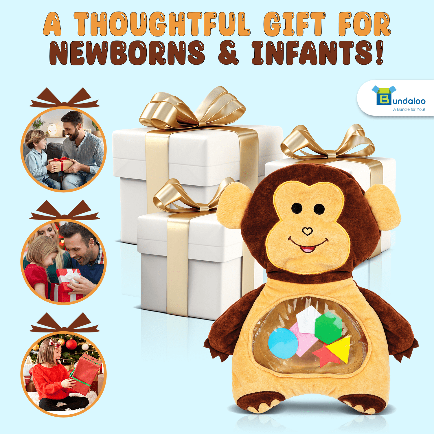 Bundaloo Monkey Tummy Time Water Play Mat for Babies, Soft Plush Sensory Activity Toy with Floating Shapes, Removable Water Pouch, Machine Washable, for Infants 6 Months and Up