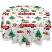 SKYSONIC 60" Christmas Tree Candy Round Tablecloth Red Retro Car Table Cloth Cover Mat Washable Polyester Table Covers Dining Decorative Holiday Home Picnic Party Wedding
