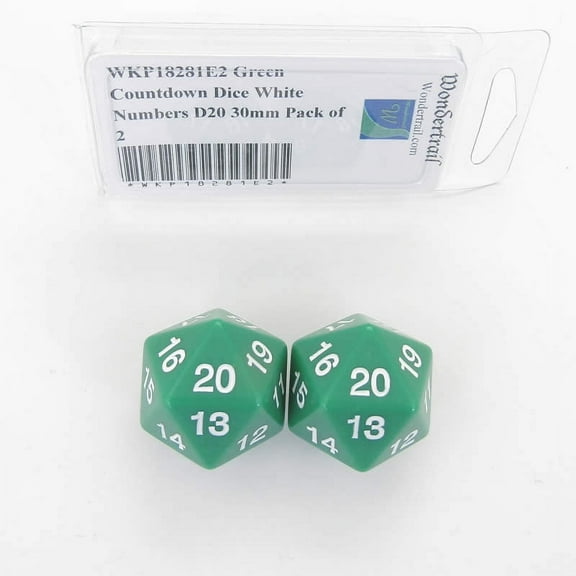 Green Countdown Dice with White Numbers D20 30mm (1.18in) Pack of 2 Wondertrail