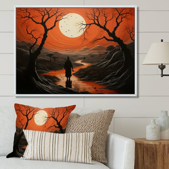 Designart Asian Art Oversized framed wall art decor, Asian Art framed wall Art, Asian Art Samurais silence I , Orange Global White Framed Wall Art, 32x24 inches White Color Frame