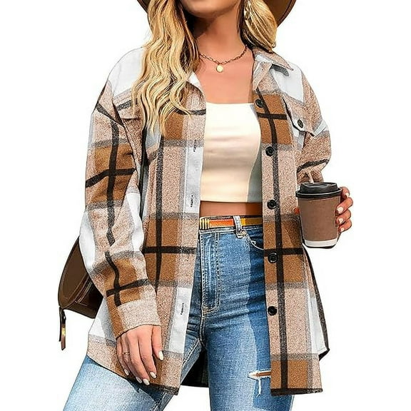 Weardear Womens Plus Size Shacket Jacket Flannel Plaid Long Sleeve Button Down Shirts Casual Fall Blouses Tops