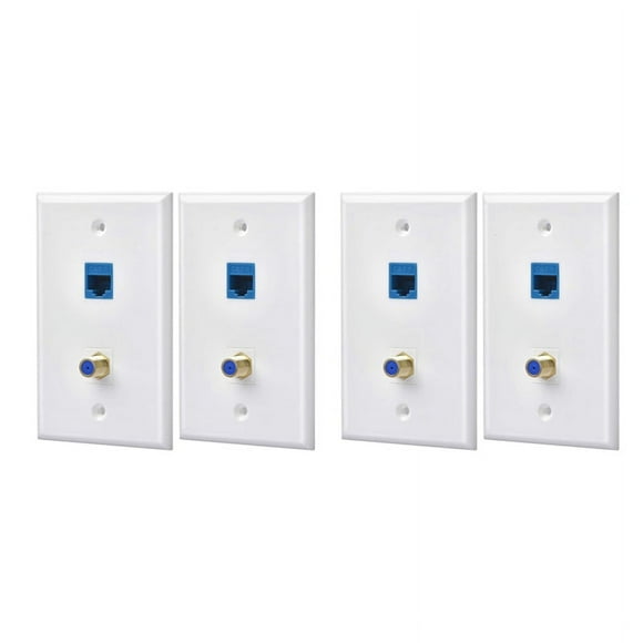 4 Packs Ethernet Coax Wall Plate Outlet with 1 Cat6 Port and 1 Gold-Plated Coax F Type Port RJ45 Wall Plates