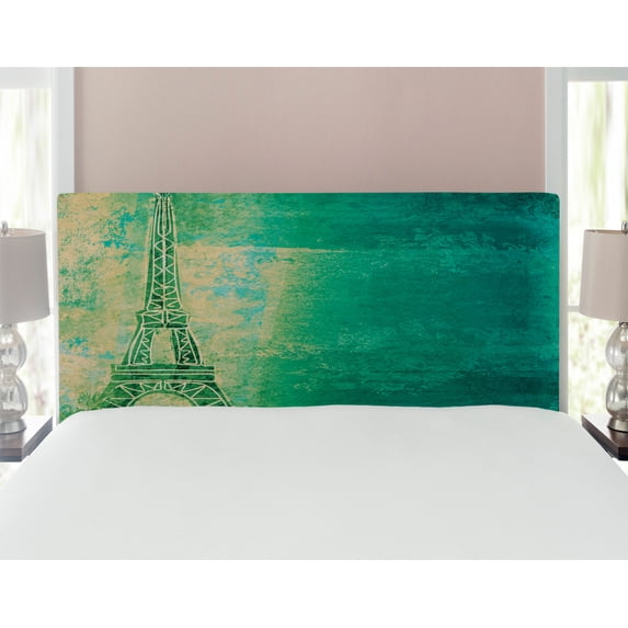 Eiffel Tower Headboard, Eiffel Tower Colorful Gradient Sketch in Ombre Style Drawing French Print, Upholstered Decorative Metal Bed Headboard with Memory Foam, Full Size, Teal Mustard, by Ambesonne