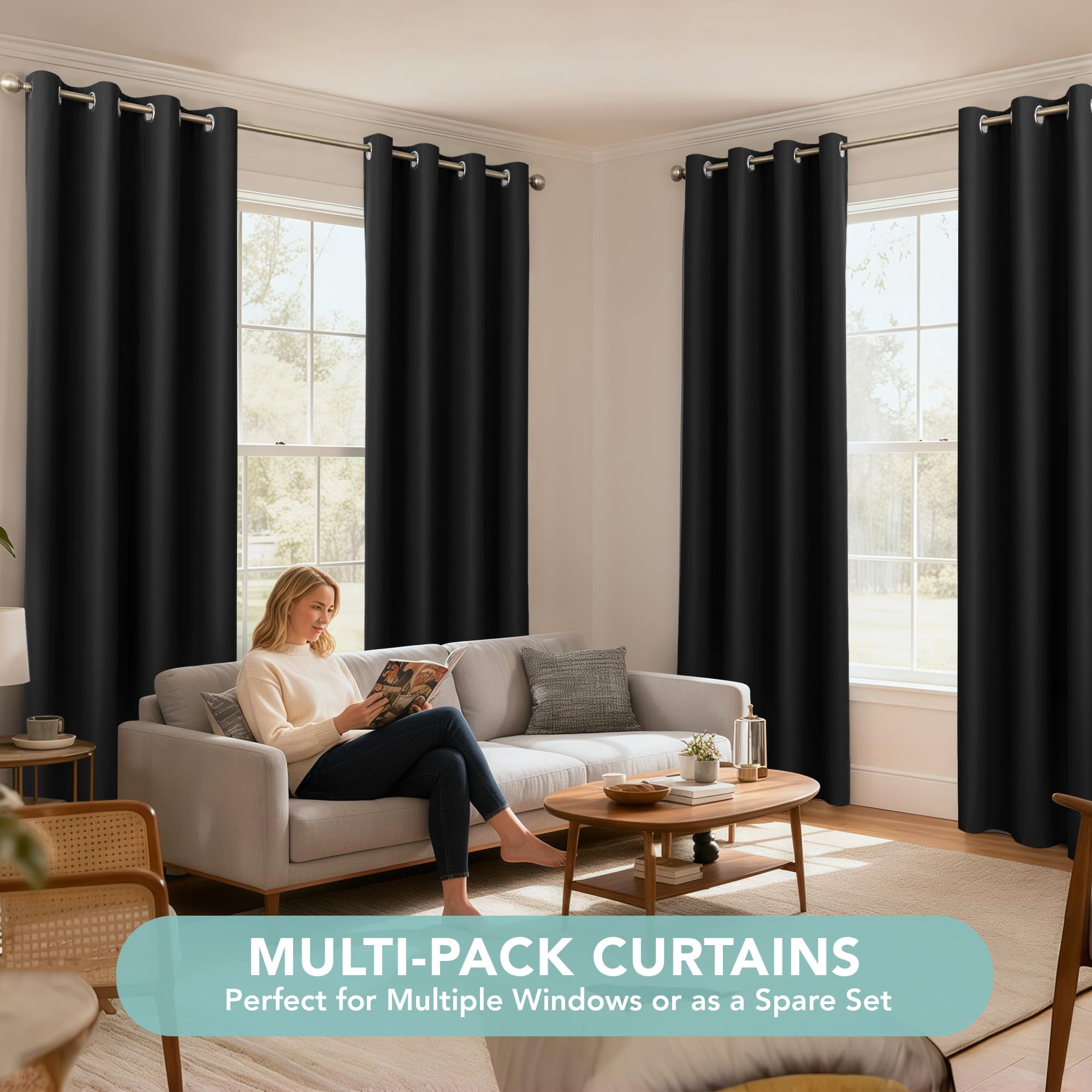 100% Blackout Curtains 84 inches Long, 4 Panels Full Light Blocking Privacy Protection Window Drapes, Grommet Total Room Darkening Curtain with Black Backing for Bedroom, Living Room, Grey