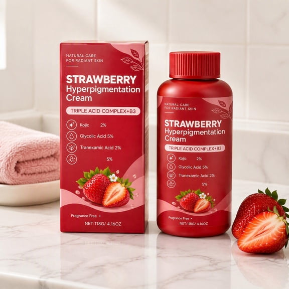 PIGOGI Strawberry Dark Spot Cream with Kojic Glycolic Tranexamic Acid Vitamin B3 Brightening Face and Body Moisturizer 118g