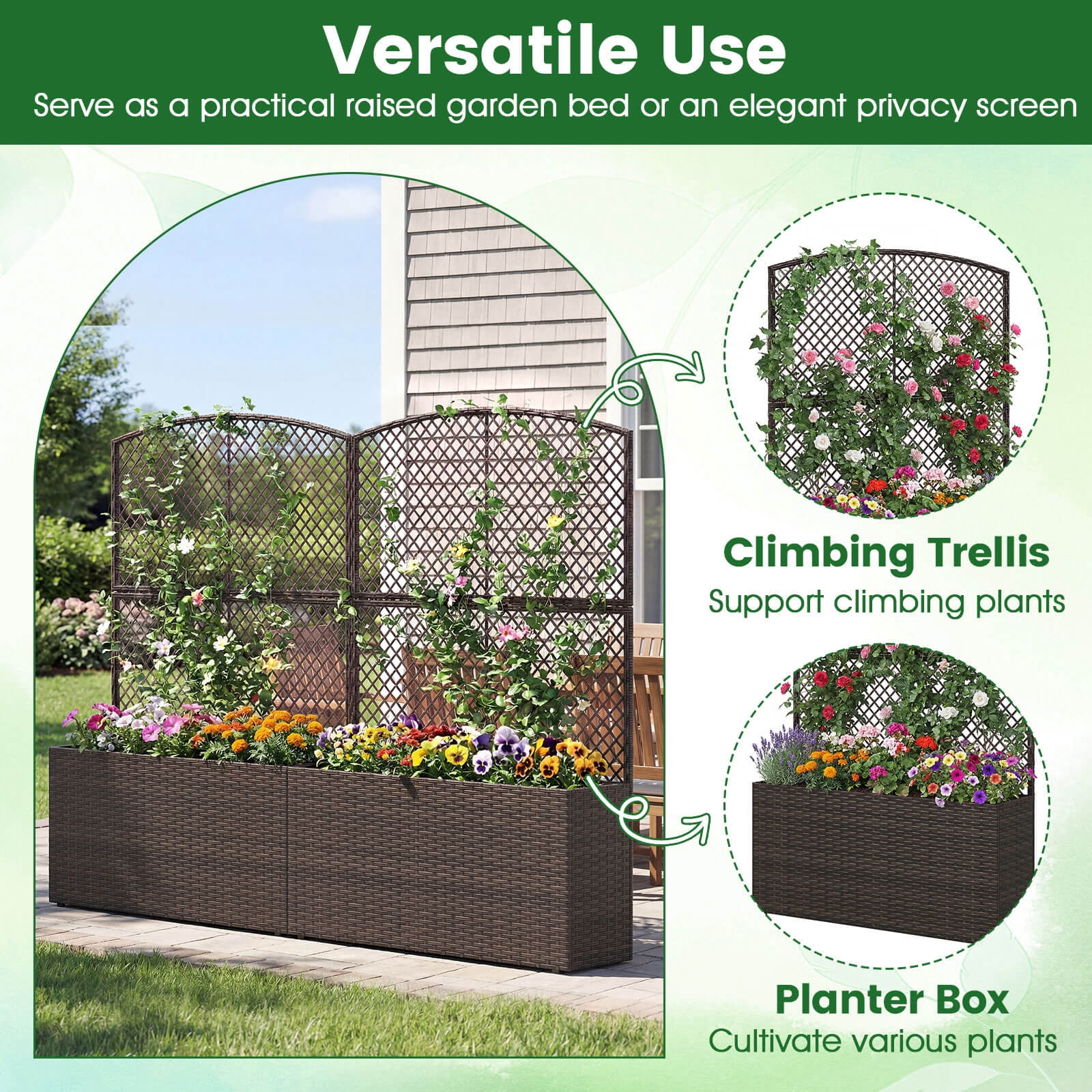 Costway 2 PCS 58” Raised Garden Bed with Trellis, Wicker Planter Box with Privacy Screen Brown