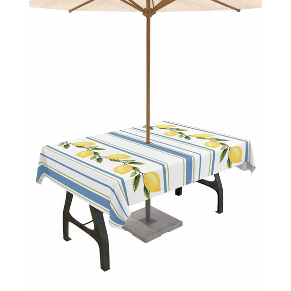 Fsddascl Yellow Lemon Outdoor Tablecloth - 60x102 Inch Rectangle Dining Table Cover, Farmhouse Modern Vertical Striped Fruit Waterproof Outdoor Table Cloth with Umbrella Hole & Zipper for Patio