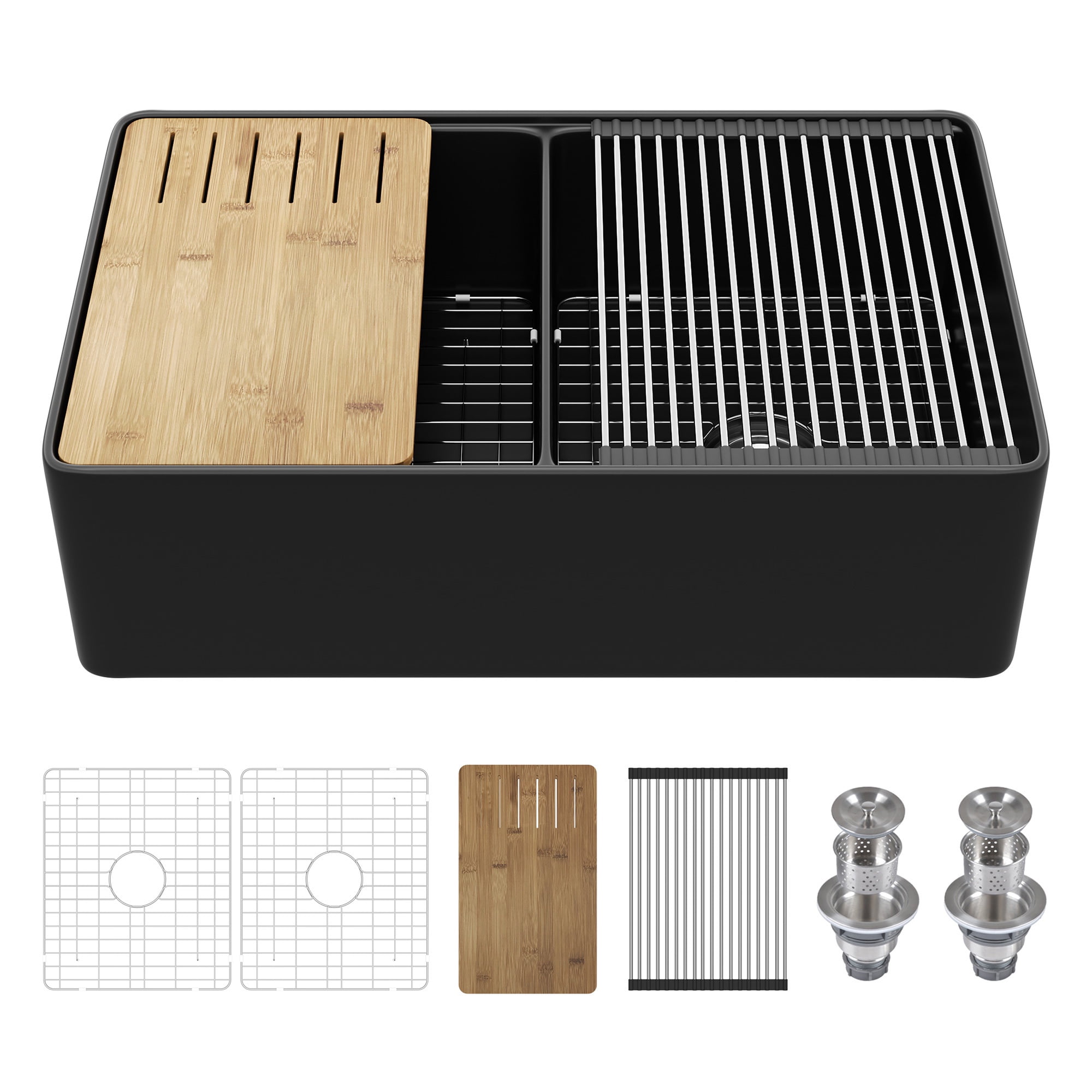 33" L X 20" W Double Basin Workstation Farmhouse Kitchen Sink With Sink Grid, Cutting Board And Dish-Drying Rack  DV-1K0068B