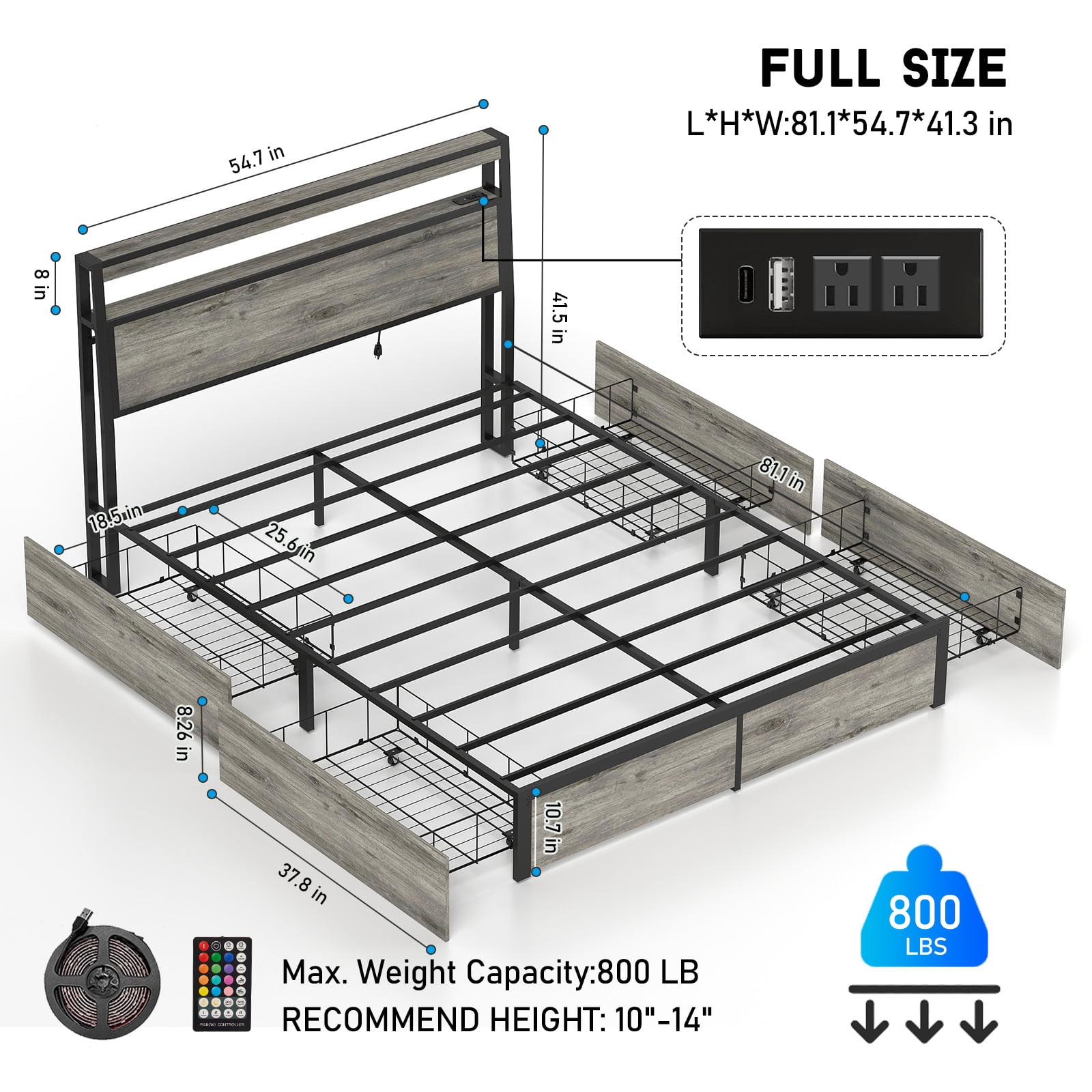 DRNANLIT Full Size Bed Frame with Storage Headboard, Metal Platform King Bed Frame Wood with 4 Drawers, LED Light, Charging Station, No Box Spring Needed, Noise Free,Grey