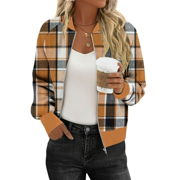 Zip Up Jacket for Women Lightweight Windproof Bomber Jackets Fashion Plaid Printed Baseball Coat Boyfriend Loose Fit Outerwear