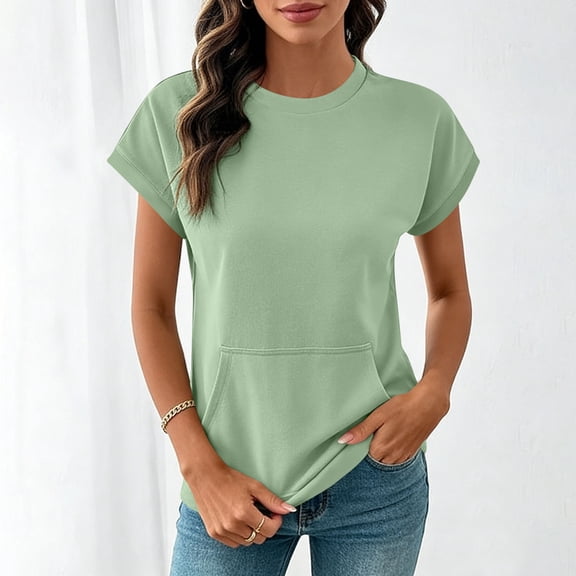 Xdegoge T Shirts for Women Crew Neck Short Sleeve Casual Athletic Loungewear Style Loose Fit Solid Minimalist with Kangaroo Pocket Soft Summer Tops