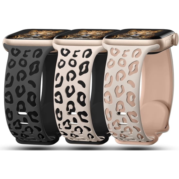 3 Pack Leopard Engraved Bands Compatible with Apple Watch Band 41mm 40mm 38mm 42mm 44mm 45mm 46mm 49mm Women, Soft Silicone Cheetah Embossed Sport Str