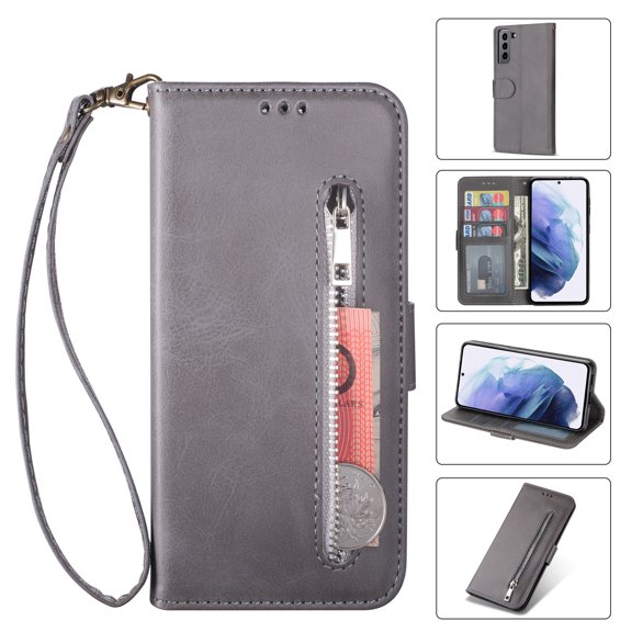 for Samsung S21 FE Case Wallet, Galaxy S21 FE Card Pocket Case Premium Magnetic Flip Cover, PU Leather Kickstand Wrist Strap Zipper Card Holder Case for Samsung Galaxy S21 FE, Gray