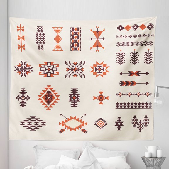 Tribal Tapestry, Illustration of Aztec Culture Pattern Tribal Design Geometric Print, Fabric Wall Hanging Decor for Bedroom Living Room Dorm, 5 Sizes, Orange and Brown, by Ambesonne