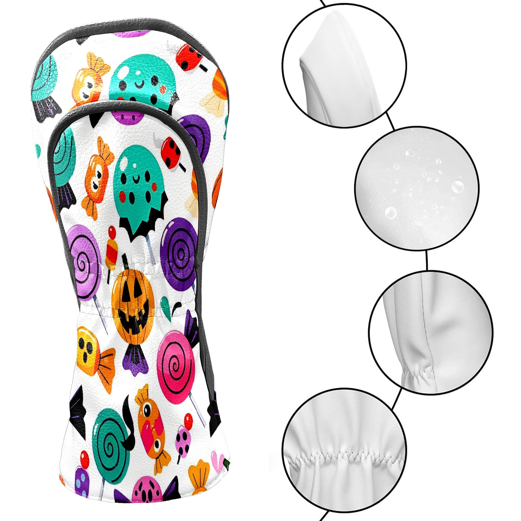 Golf Club Covers, Colorful CandySkull Premium PU Leather Driver Hybrid Putter Head Covers with Velvet Lining, Waterproof Golf Gifts for Men Women