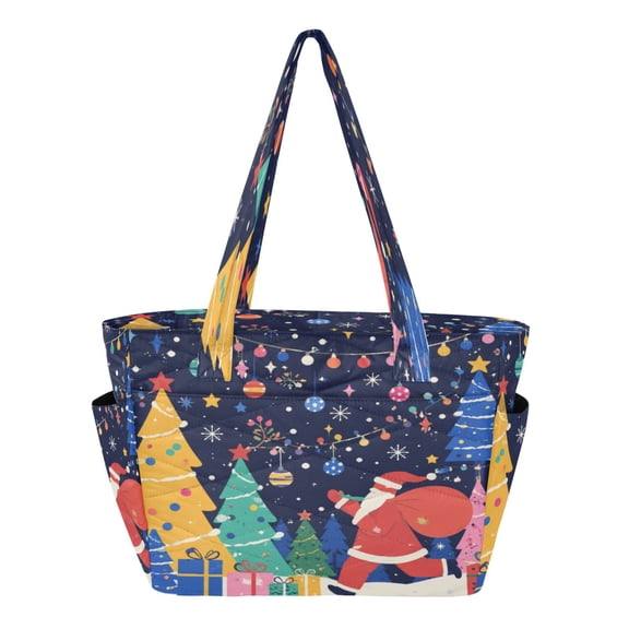 Quilted Tote Bag Large Capacity Multi-Compartment Handbag Joy Santa Claus Holiday Lightweight Structured Shoulder Bag Versatile Casual Bag