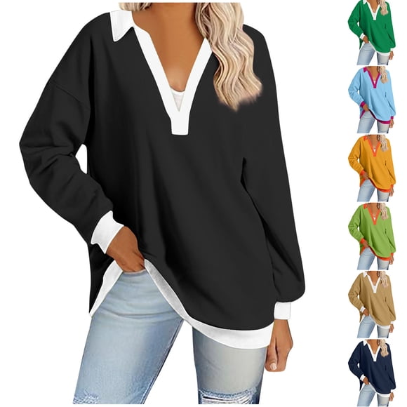 UVEASISHA Chandail à Manches Longues pour Femmes, Col à Revers, Chandails Décontractés à Enfiler, Chandails Légers Coupe Ample, Mode Femmes 2024, Grande Taille, Hauts à Col en V, Offres Prime Day Aujourd'hui, Bleu, G