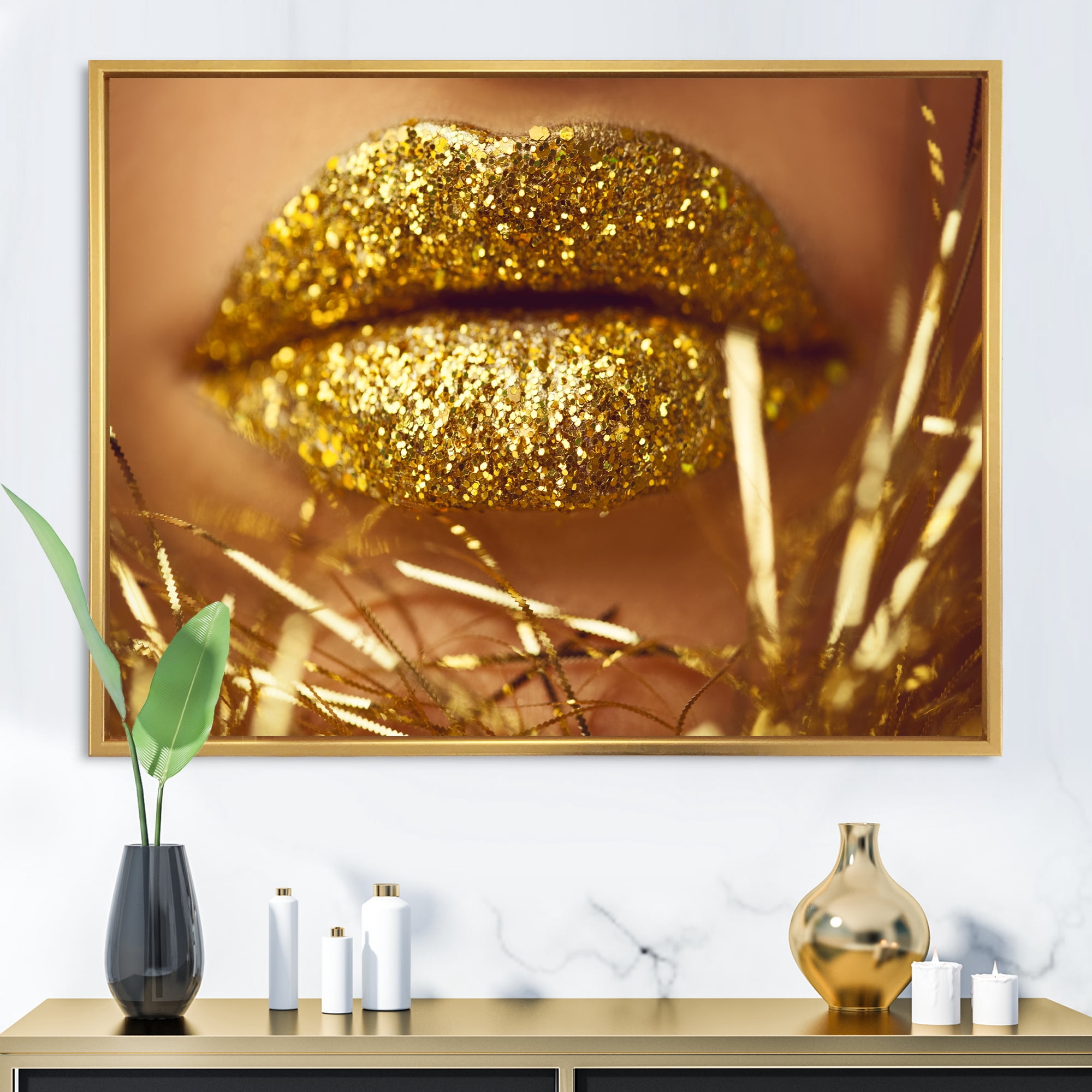 Designart 'Golden Female Lips' Modern Framed Canvas Wall Art Print
