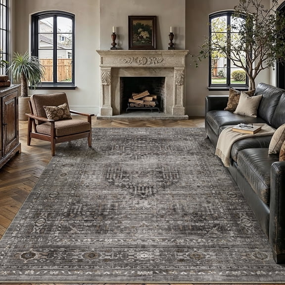 BERTHMEER 8'x10' Area Rugs for Living Room Bedroom Vintage Brown Carpets Kitchen Office Machine Washable Farmhouse Dining Room Oriental Rugs Non Slip Traditional Distressed Rugs