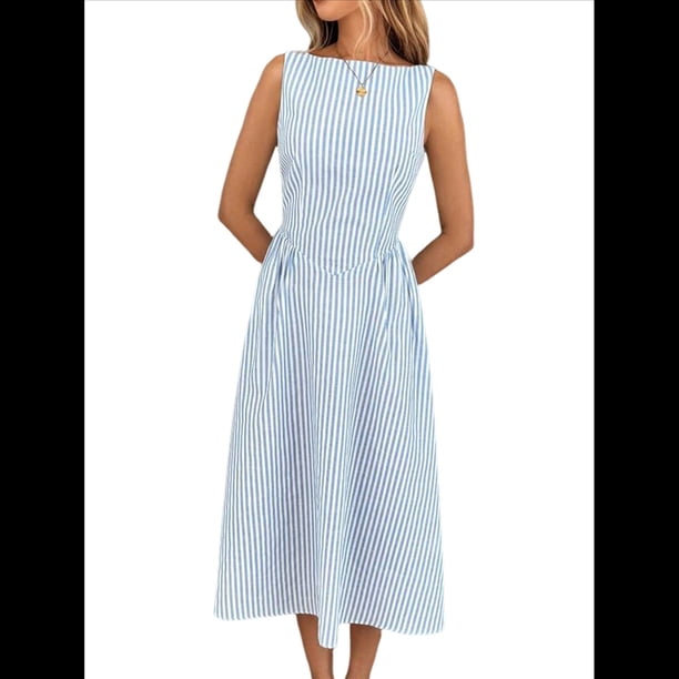 Vestido de Mujer de Cintura Alta, Sin Mangas, A Rayas, Color Liso, Estilo Verano 2025. Azul L