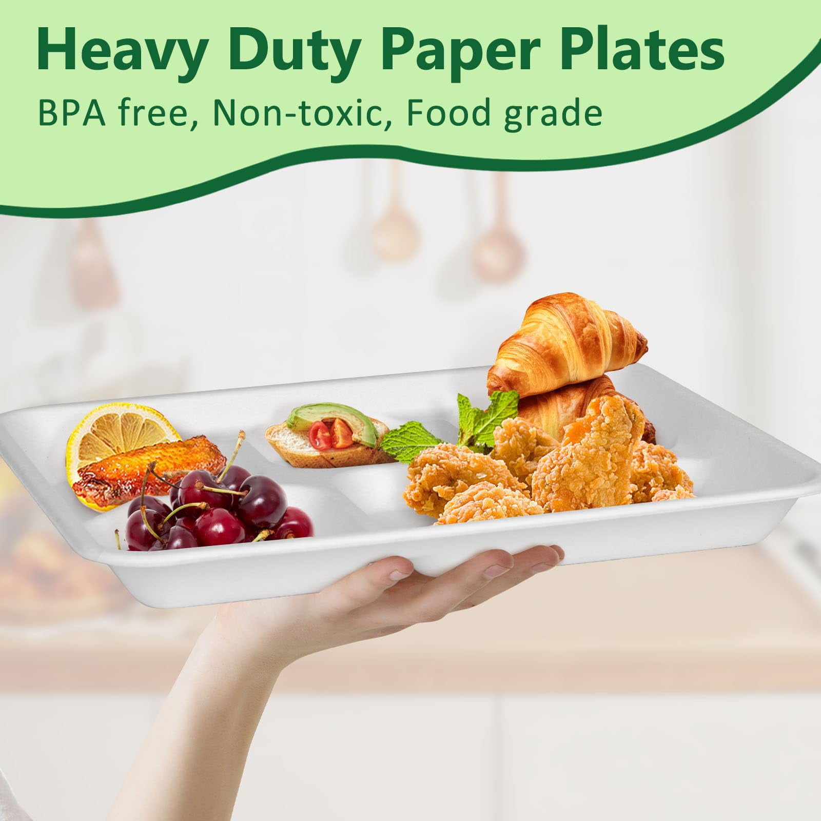 Pony Packaging 100% Compostable 5 Compartment AFN1Plates, 125 Pack White Disposable Paper Plates, 10 * 8 inch Heavy-Duty Divided Disposable Plate for Party Dinner Lunch Buffet