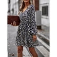 thumbnail image 2 of Vestido midi con estampado floral, escote en V, mangas largas, cintura con lazo, corte A para primavera/otoño, negro, talla L, 2 of 8