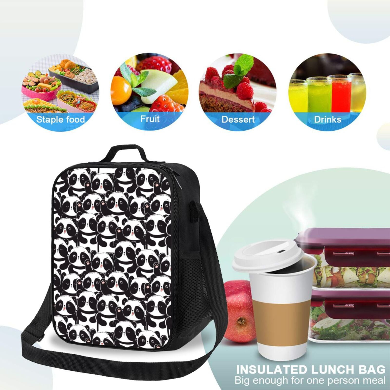 Defioc Panda Print Lunch Box for Men & Women, Insulated Lunch Bag Thickened Thermal Leakproof Lunch Tote Bag for Adult Office Travel Picnic