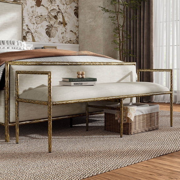 Lalia Modern Upholstered 59-inch Hammered Metal Accent Bench, Matte Gold