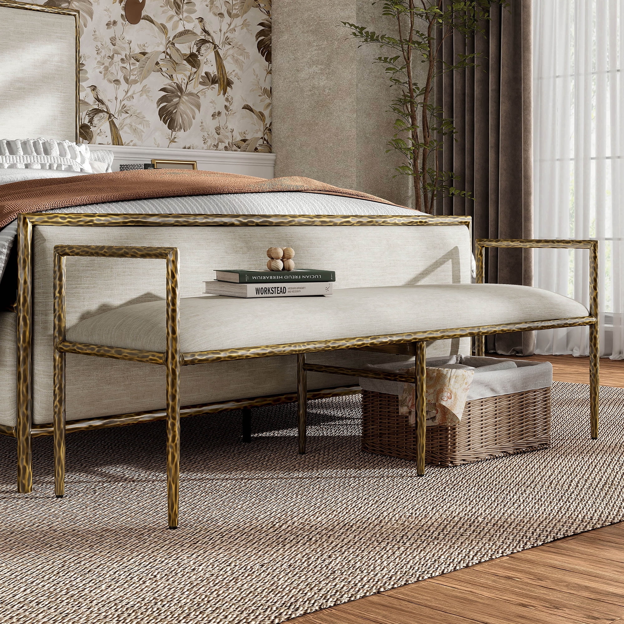 Lalia Modern Upholstered 59-inch Hammered Metal Accent Bench, Matte Gold