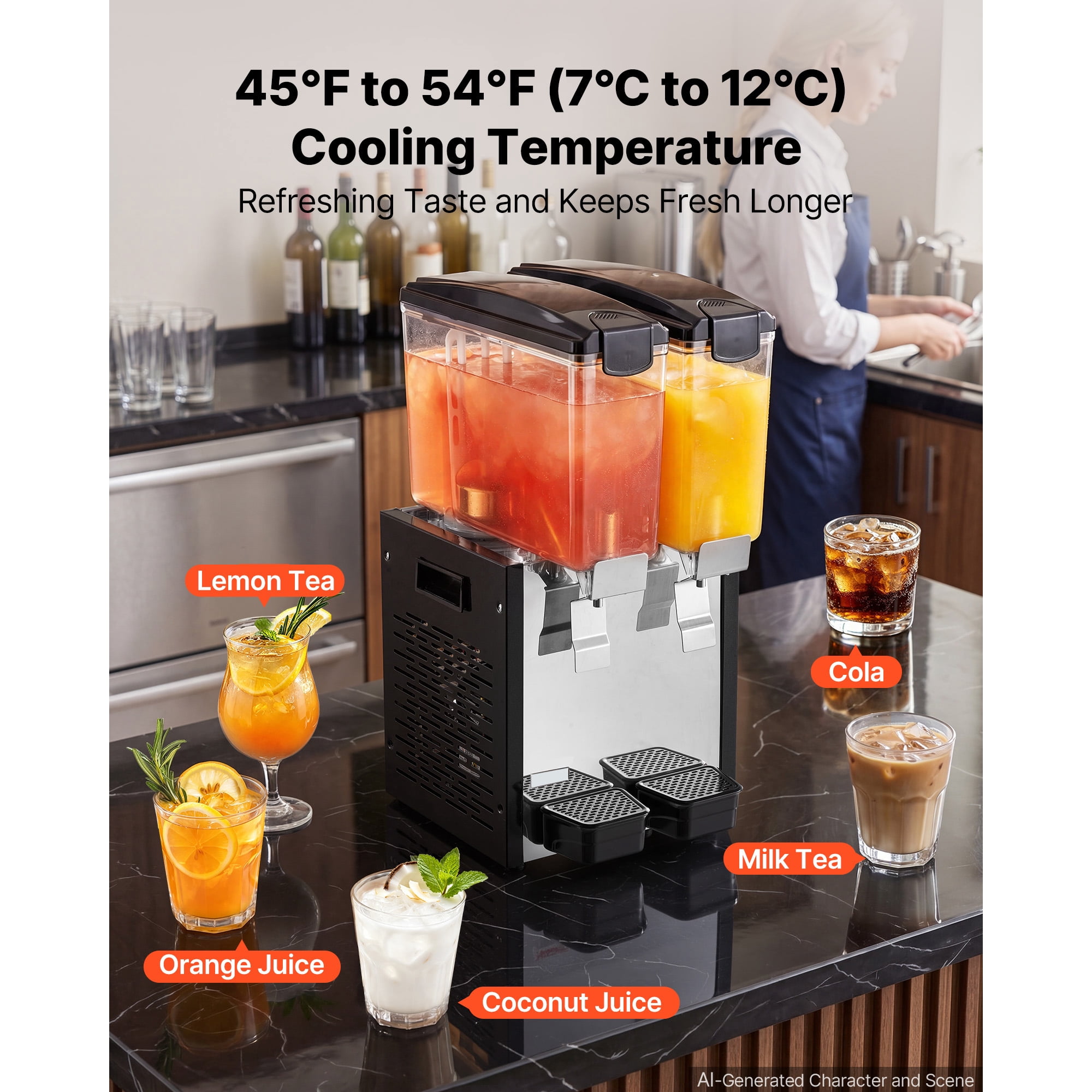 KFFKFF Commercial Beverage Dispenser with Dual 10L Tanks, Stainless Steel Construction, Cold Drink Machine with Adjustable Cooling Range of 45℉-54℉, Ideal for Restaurants, Bars, and Events